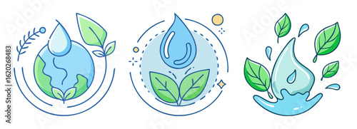 Water and nature conservation vector icons depicting environmental protection and sustainability