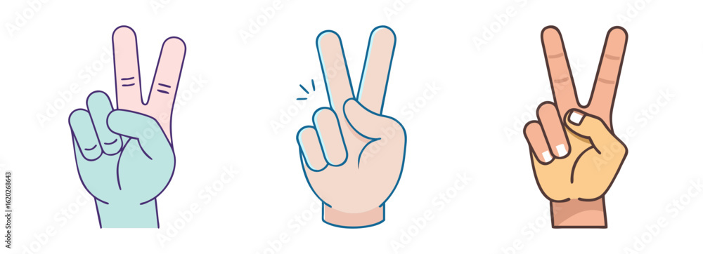 Obraz premium Illustrations of Diverse Hands Displaying the Victory or Peace Sign Gesture