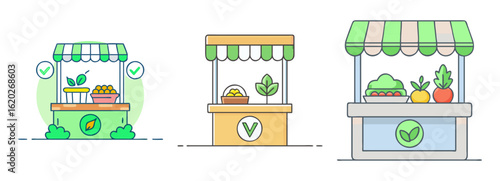 Vector cartoon illustration of organic food market stall in green colors