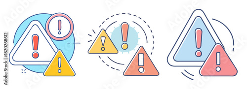 Various triangle shaped warning icons with exclamation points and circle shapes