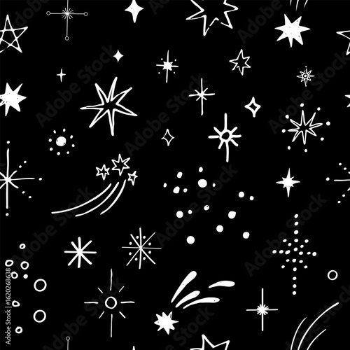Stars seamless pattern starfall night luminaries. Hand drawn repeating black background with night sky in boho style. Backdrop for packaging design, fabric, print, template, wrapping