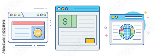 Illustration of three separate browser windows showing different web content