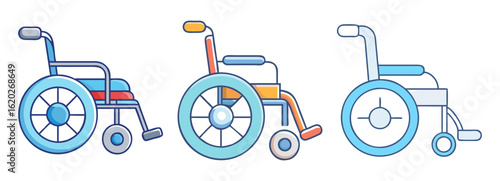 Three colorful cartoon style wheelchairs on a white background for illustration