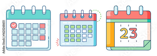 Three cute cartoon calendars showing dates, schedules, events and reminders illustration