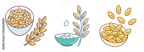 Illustrative Set of Grains in Bowls with Branches, a cartoon drawing