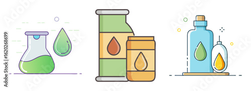 Chemicals, solvents, and fluids in colorful containers and bottles illustration