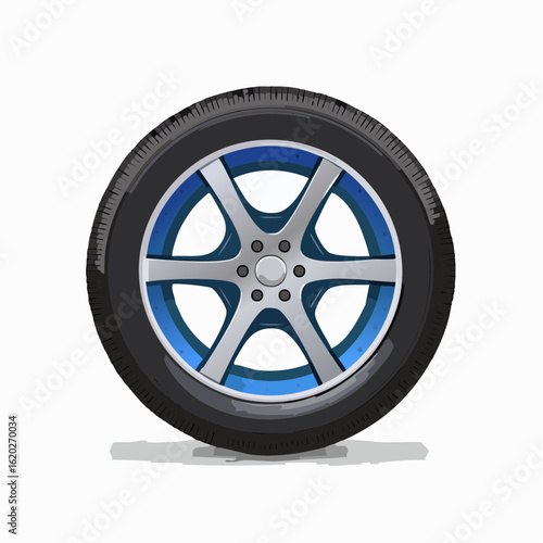 Detailed illustration of a modern car wheel with a silver alloy rim and blue accents against a clean white background, showcasing automotive design and style.