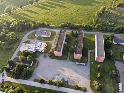 Abandoned buildings of former military garrison in Jihlava photographed from aerial perspective