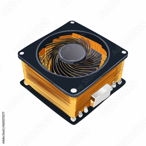 Detailed isometric illustration of a computer CPU cooler fan with a heatsink and a fan connector on a white background