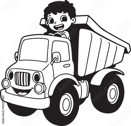 Original name(s): Cartoon dump truck with a cheerful child driver, illustrated in fun black and white vector art.