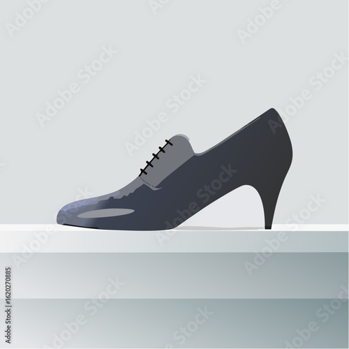 Minimalist illustration of a dark blue oxford high heel shoe with laces presented on a light grey background with a subtle gradient.