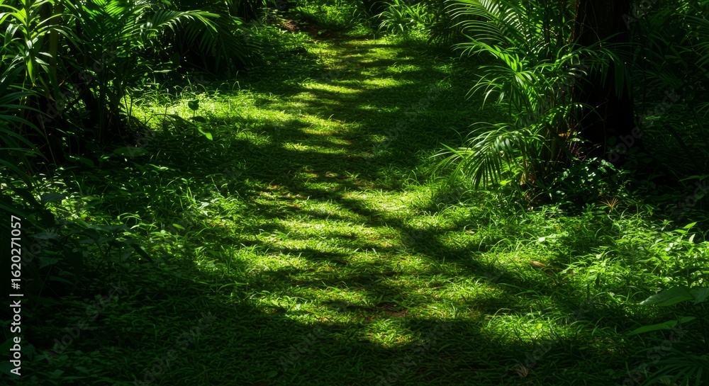 Fototapeta premium Sunlit Path Through Lush Green Forest
