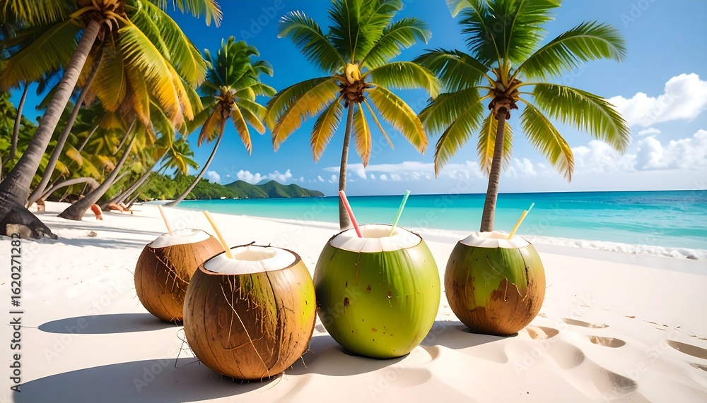 Obraz premium Refreshing tropical coconut drinks on a pristine white sand beach paradise