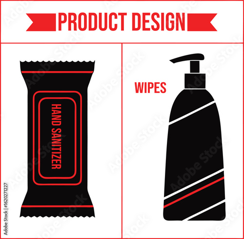 Product Design Featuring Hand Sanitizer Wipes and Liquid Solution Bottles silhouette black vector illustration