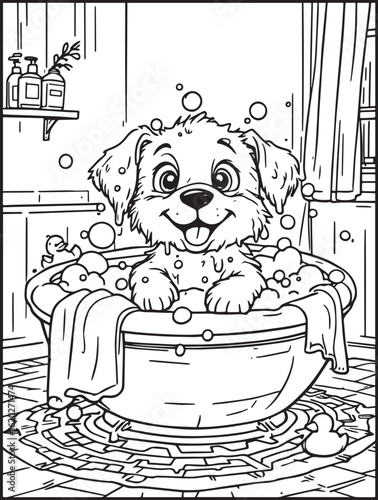 Printable animal-themed coloring page for kids and adults: Funny dog taking a shower