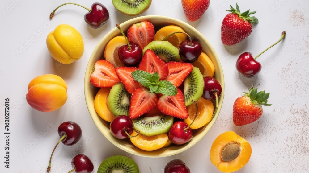 Naklejka premium Fresh apricot, cherry, and strawberry salad in cream bowl with mint garnish