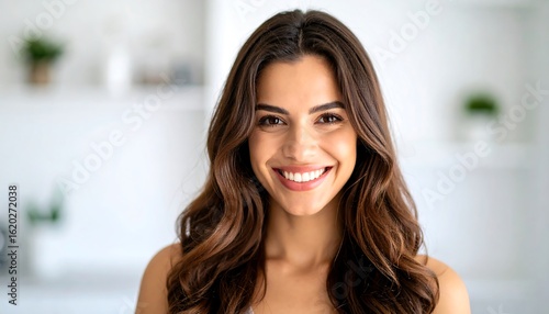 Free Download Radiant smile of a young woman with wavy brown hair in a minimalist setting - GFXLoad