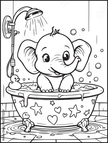 Printable animal-themed coloring page for kids and adults: Elephant taking a shower