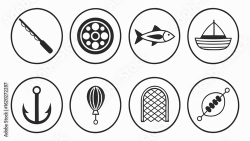 Fishing Icons Set Fish and Accessories