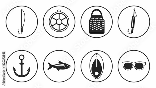 Fishing Icons Set Fish and Accessories