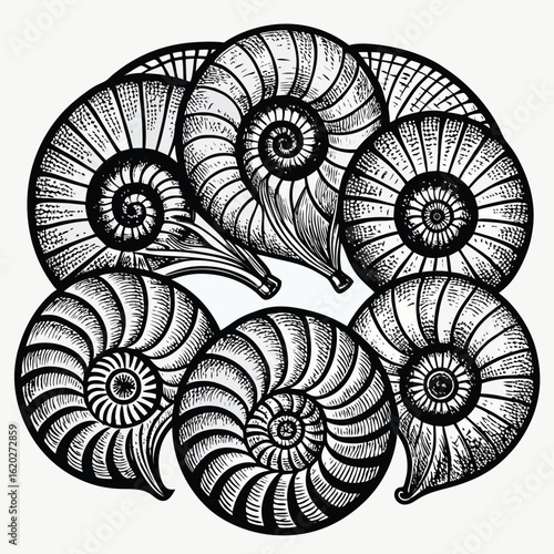 Vintage scientific illustration of six ammonites