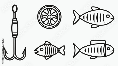 Fishing Icons Set Fish and Accessories