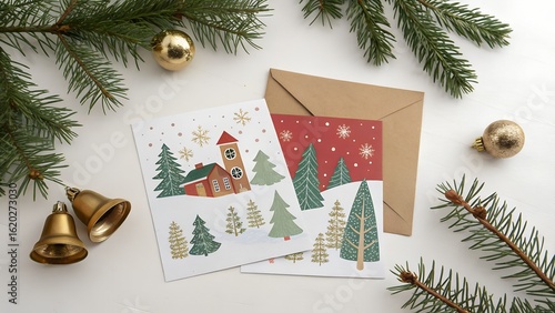 Flat lay Christmas background with holiday cards golden bells and evergreen sprigs

