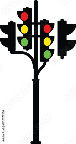 Urban traffic light pole silhouette with red yellow green signals, vector illustration for road safety, city intersection signal icon, control light symbol