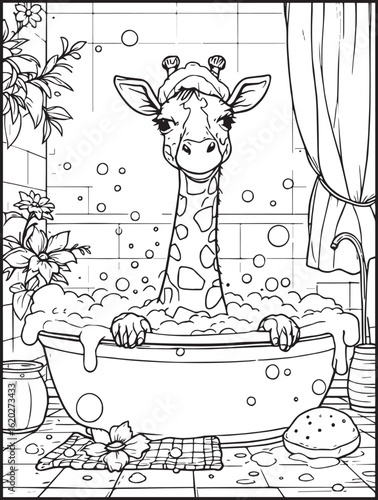 Printable animal-themed coloring page for kids and adults: Giraffe taking a shower