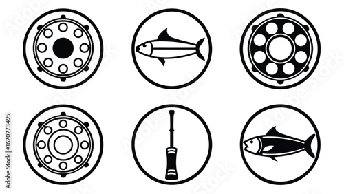 Fishing Icons Set Fish and Accessories