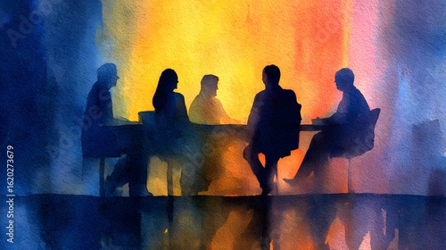 Fotografía Watercolor painting silhouette of five people in a meeting around a table with v