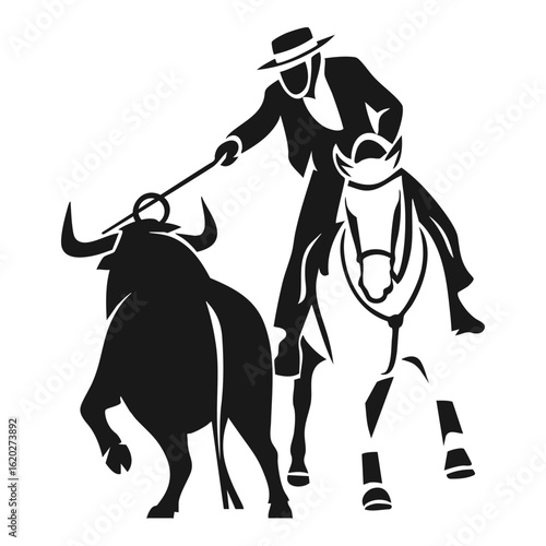 Silhouette of a horseman fighting with a mock bull with a spear in a traditional outfit