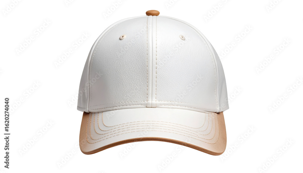 Fototapeta premium A stylish white cap with a leather-like finish, featuring a structured design and a classic curved brim.