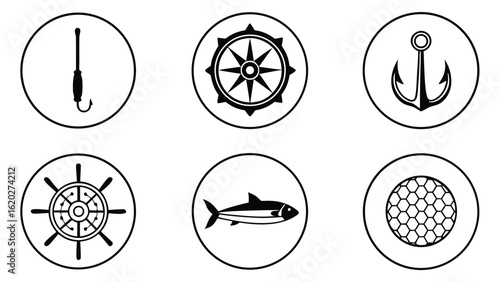 Fishing Icons Set Fish and Accessories