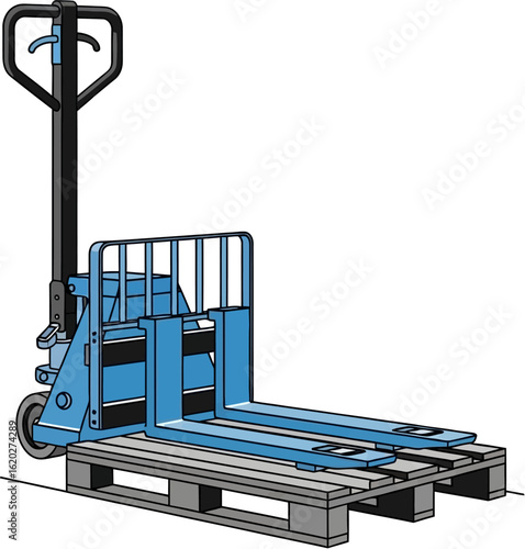 A blue pallet jack, a manual material handling device, sits atop a wooden pallet, ready for lifting.