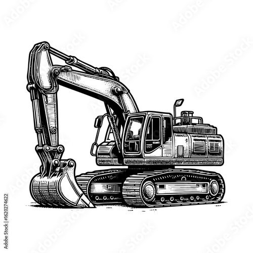 Excavator engraving black and white outline. Scratch board imitation. illustrated in vintage line art style on a white background.