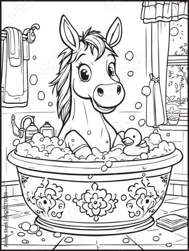 Printable animal-themed coloring page for kids and adults: Cute horse taking a shower
