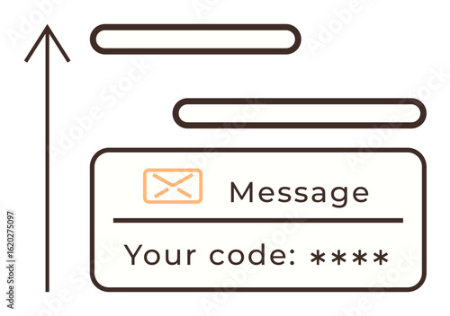 Envelope icon, verification code, text bubble, and upward arrow symbolizing communication, security, and progress. Ideal for email, message verification, authentication online security