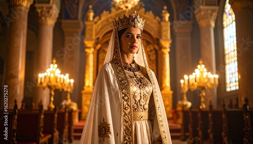 Regal queen adorned in golden attire standing in a resplendent royal cathedral