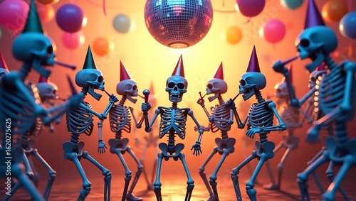 Dancing Skeleton Party Celebration with Colorful Costumes, Balloons, and Confetti - Fun Halloween and Day of the Dead Festival Scene