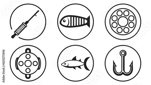 Fishing Icons Set Fish and Accessories