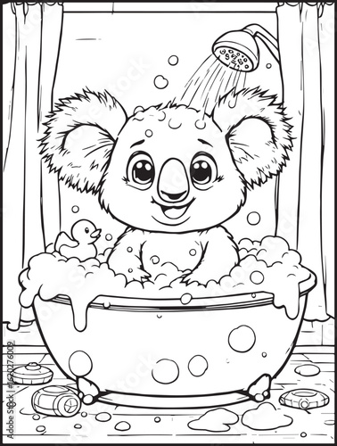 Printable animal-themed coloring page for kids and adults: Funny koala taking a shower