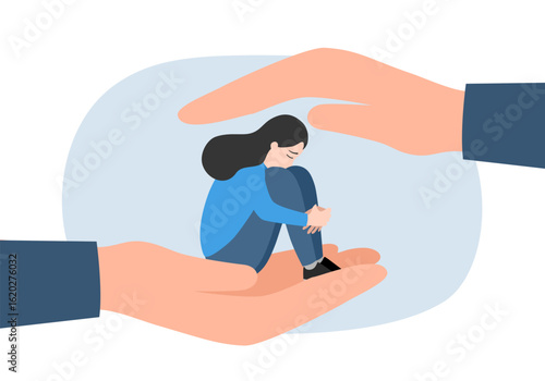 Human hand helps a sad lonely woman to get rid of depression. A young unhappy girl sits and hugs her knees. The concept of support and care for people under stress. Vector illustration in flat style
