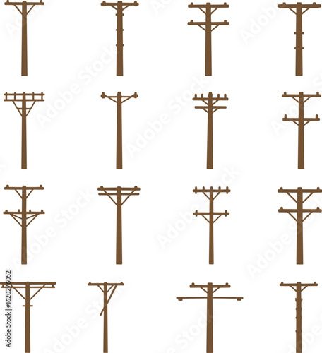 Utility pole silhouette pack, wooden power pole vector, electric post illustration, telegraph pole clipart, infrastructure element set, brown silhouette collection