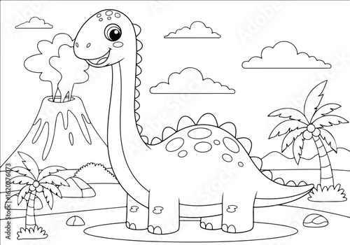 Cute cartoon dinosaur near a volcano, prehistoric landscape with palm trees, black and white line art for coloring printable illustration coloring page for kids