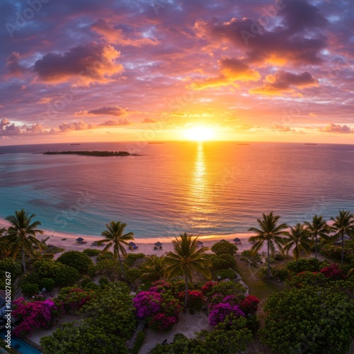 Vibrant Tropical Sunset Over Ocean and Island Beach
