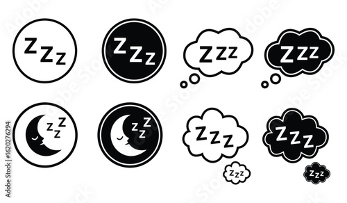 Sleeping bubble with zzz different style icon set, Doodle "ZZZ" lettering, Sleeping bubble with zzz icon vector, Sleep Snore Icon, Black night sleep talk sound isolated on white background