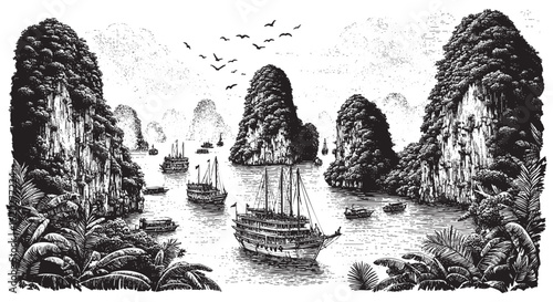 Engraved of Halong Bay Vietnam view with boats and limestone karsts	in Engraved Vintage Style