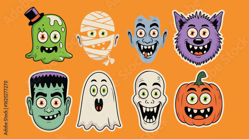 Cartoon halloween monsters and characters in vector illustration