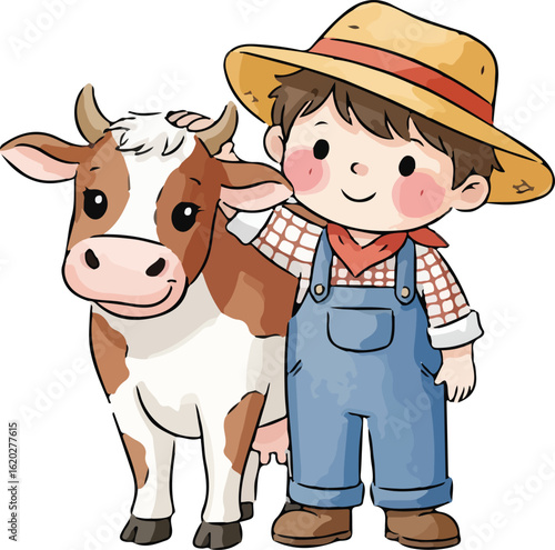 A cartoon farmer with a cow illustration on white background